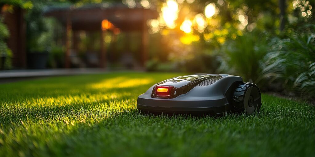 robot tondeuse dans jardin